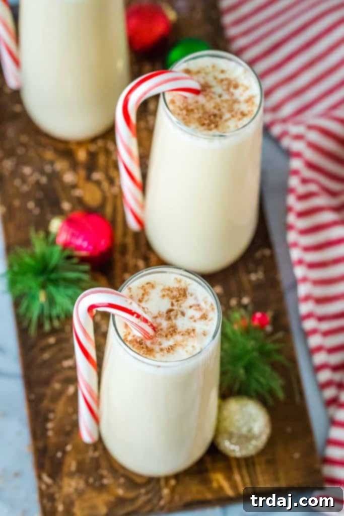 Creamy Chocolate Peppermint Eggnog Cocktail garnished with chocolate shavings, ready to serve.