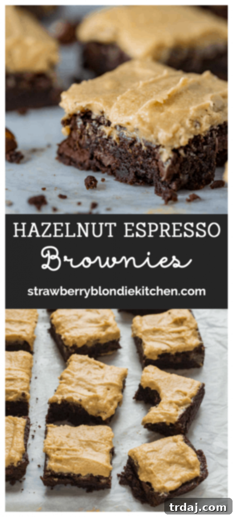 These Hazelnut Espresso Brownies are chewy, fudgy and packed with rich coffee flavor to bring out an intense chocolate experience only highlighted by the hazelnut buttercream frosting! Delicious Hazelnut Espresso Brownies, close-up with a dusting of cocoa