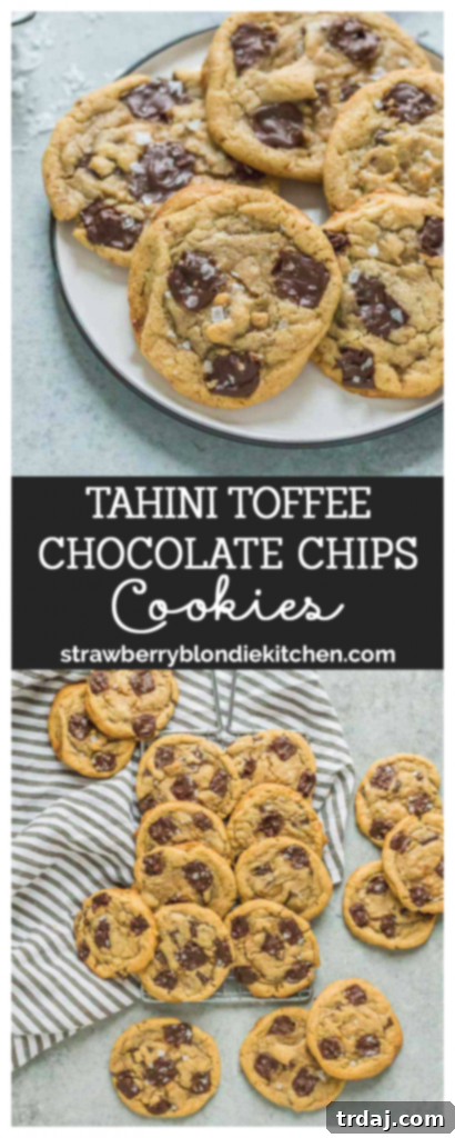Pinterest graphic: Tahini Toffee Chocolate Chip Cookies recipe idea