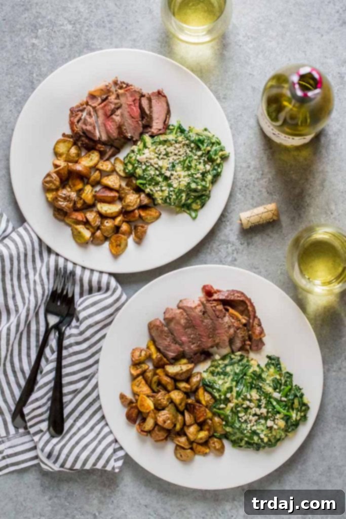 Steakhouse Dinner for Two featuring filet mignon, roasted rosemary potatoes, and creamed spinach