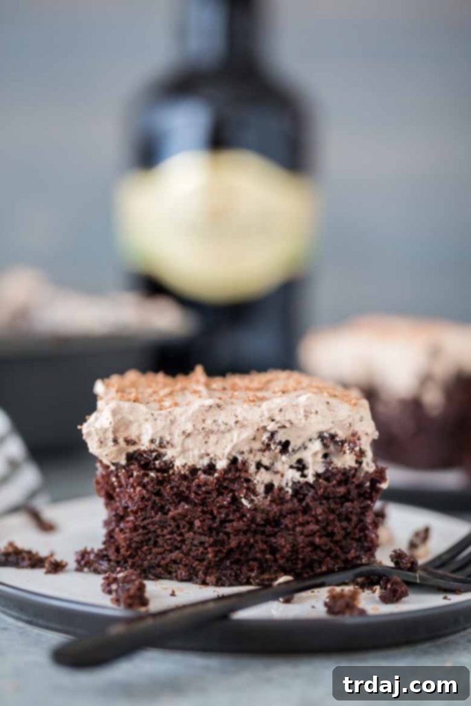 Homemade chocolate cake is soaked with Irish cream and topped with whipped cream frosting and a sprinkle of chocolate shavings for a decadent and creamy Irish Cream Poke Cake. Thick slice of Irish Cream Poke Cake, showcasing its moist texture and creamy frosting