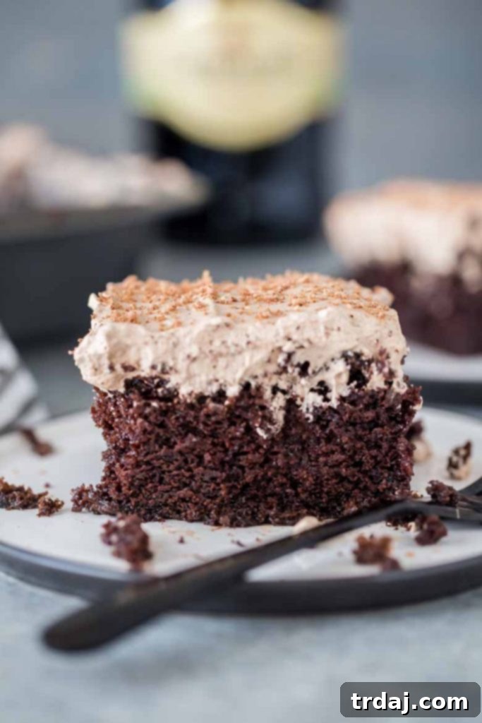 Homemade chocolate cake is soaked with Irish cream and topped with whipped cream frosting and a sprinkle of chocolate shavings for a decadent and creamy Irish Cream Poke Cake. Close up of a thick, beautifully moist slice of Irish Cream Poke Cake with a generous layer of chocolate whipped cream and chocolate shavings