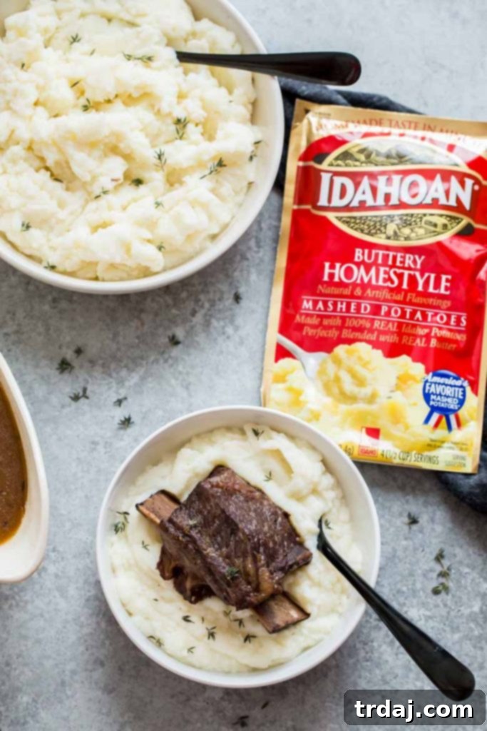 Finished Instant Pot Short Ribs with mashed potatoes and gravy