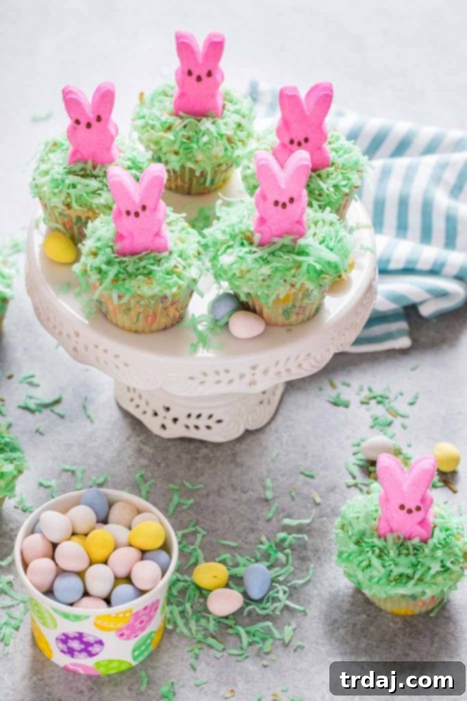 Marshmallow Bunny Cupcakes with coconut grass and PEEPS