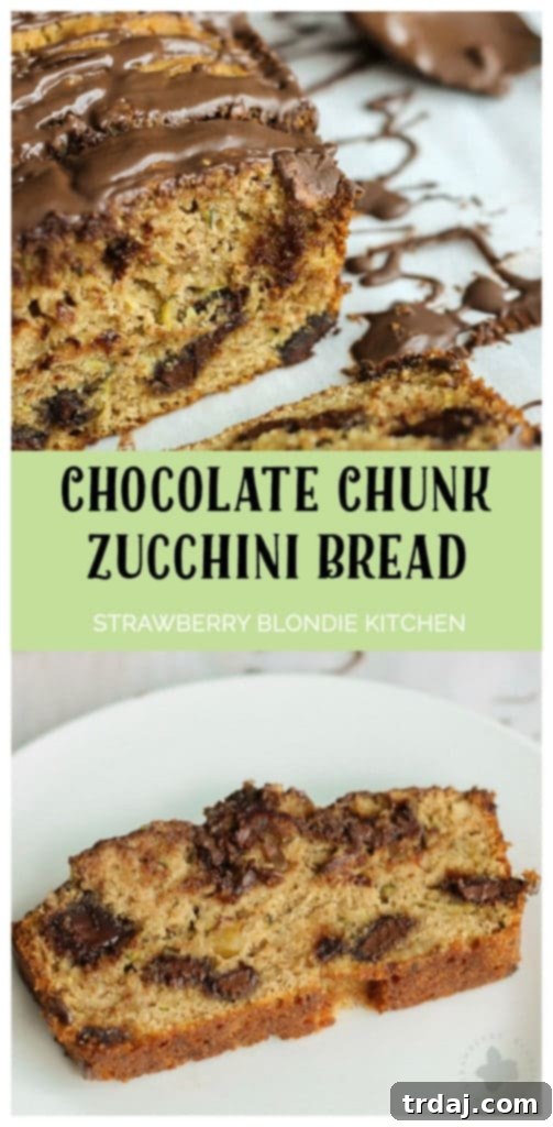 Pin this delicious Chocolate Chunk Zucchini Bread recipe for later! A vertical image perfect for saving on Pinterest.