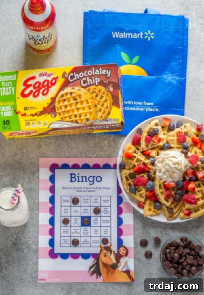 Ingredients for Fruity Breakfast Waffle Nachos: Eggo waffles, fresh fruit, Reddi-Wip