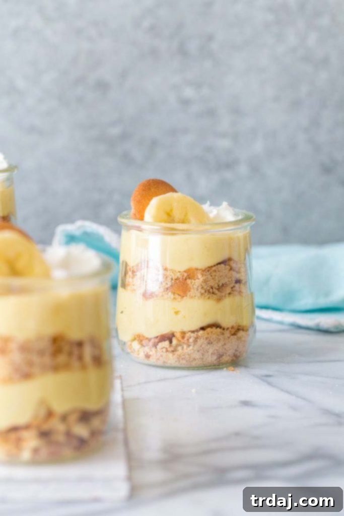 A top-down view of a Classic Banana Pudding Parfait, beautifully garnished with a wafer, banana slice, and whipped cream.