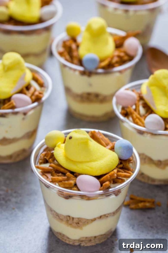 Charming Birds Nest Easter Dirt Cups with yellow PEEPS chicks perched on potato stick nests, surrounded by mini chocolate eggs