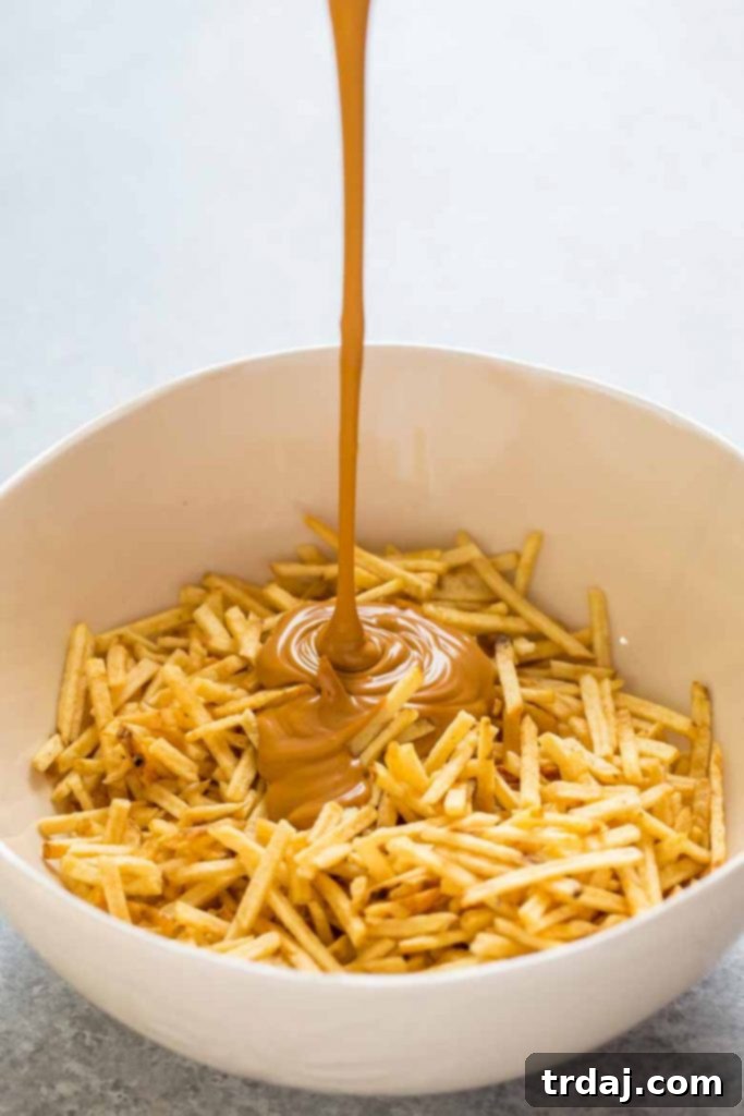 Potato sticks mixed with melted candy melts to form the 'nest' components for Birds Nest Dirt Cups