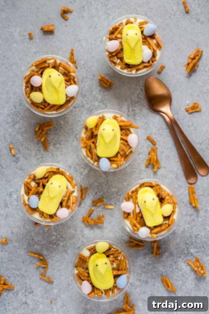 Completed Birds Nest Easter Dirt Cups, ready for a spring celebration