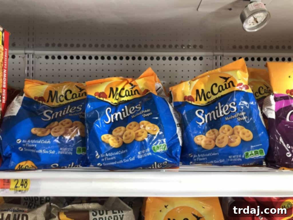 Nashville Hot Chicken Waffle Poppers 4 An in-store shot of McCain Smiles mashed potato shapes at Walmart.