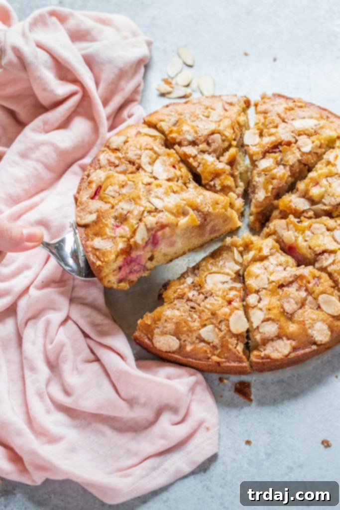Close-up of a slice of Strawberry Rhubarb Coffee Cake
