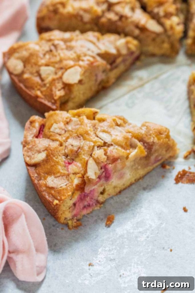 Delicious Strawberry Rhubarb Coffee Cake on a serving plate