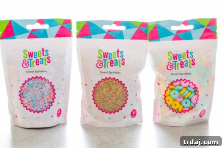 Assorted sprinkles: Cotton Candy, Gold Sugar, and Donut Sprinkles