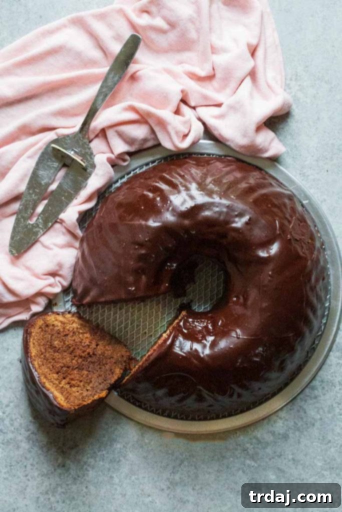 Close-up of Espresso Marble Bundt Cake with espresso ganache drizzled