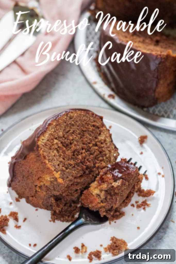 Final image of Espresso Marble Bundt Cake, ready for serving