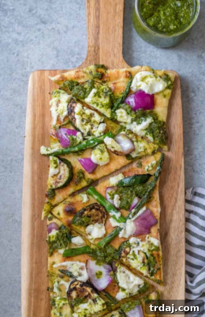 Grilled Vegetable Flatbreads with Ricotta and Salsa Verde, ready to be enjoyed.
