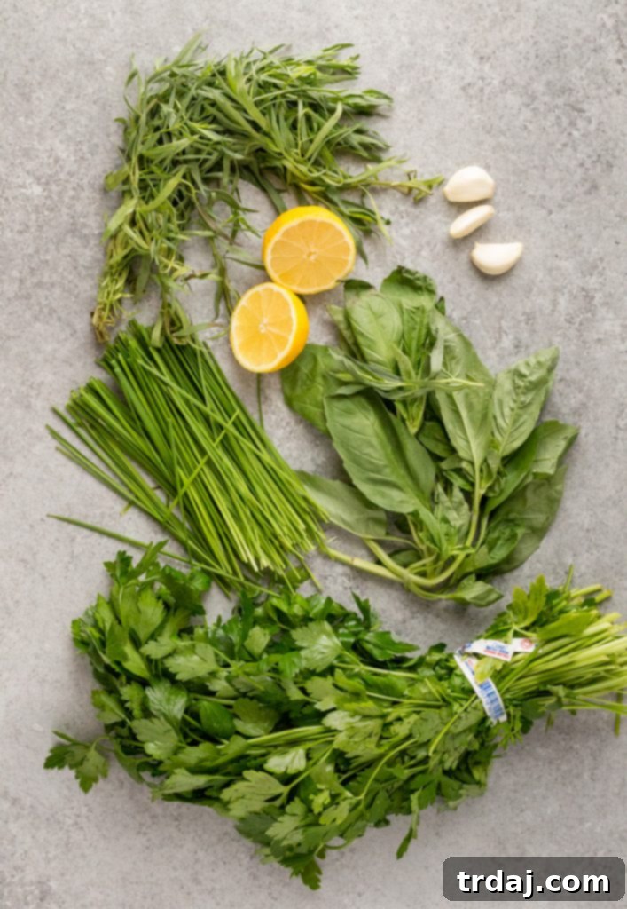 Fresh herbs, lemon, garlic, capers, and anchovies for homemade salsa verde.
