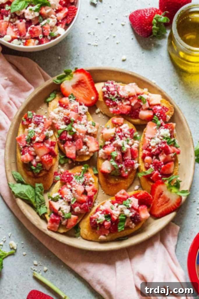 Strawberry Blue Cheese Bruschetta on a rustic wooden board, ready to be served