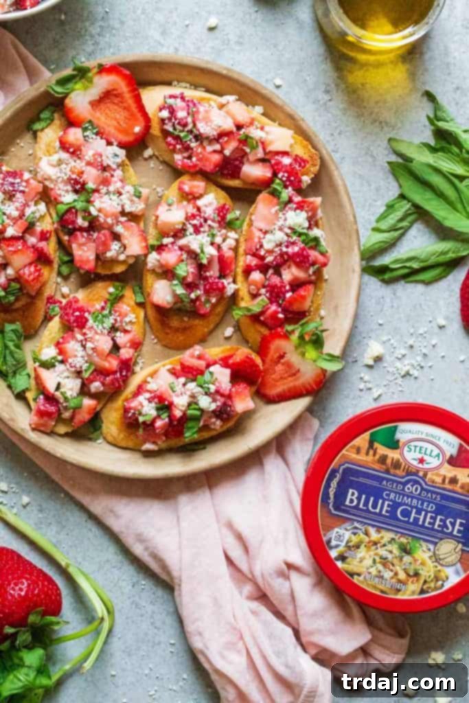 Strawberry Blue Cheese Bruschetta with a rustic background setting