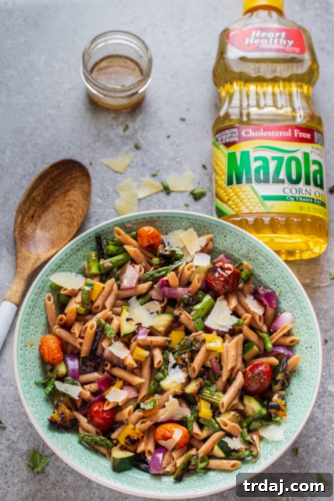 Vibrant Grilled Vegetable Pasta Salad in a large serving bowl