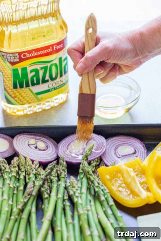 Brushing vegetables with oil and seasoning before grilling