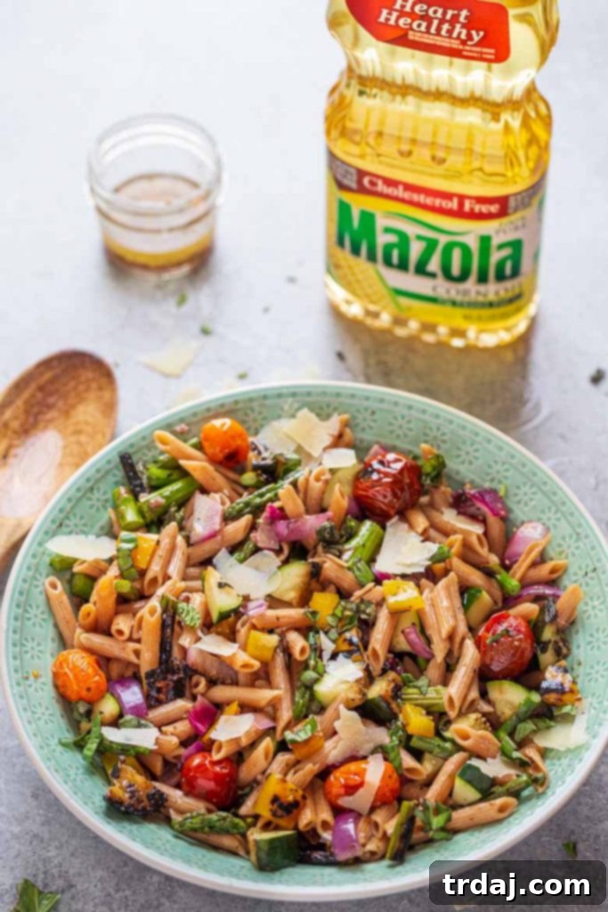Finished Grilled Vegetable Pasta Salad in a rustic bowl
