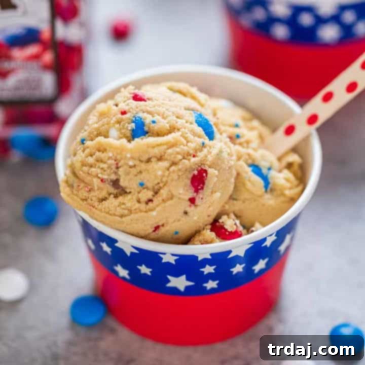 Patriotic Edible Cookie Dough, a scoop of delicious, safe-to-eat dessert in a festive setting.