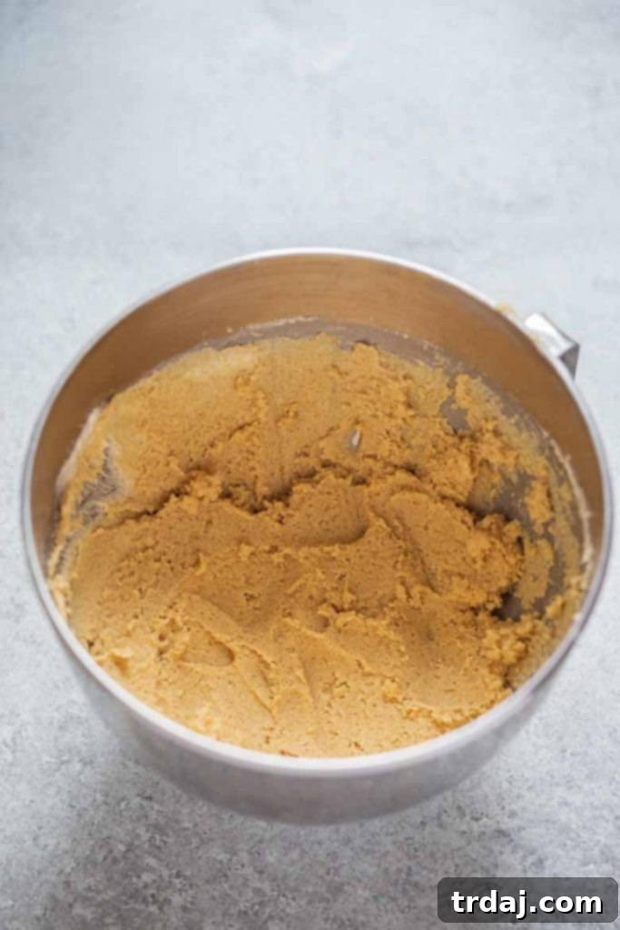 Creaming butter and sugar together in a bowl using a stand mixer, forming the fluffy base for the edible cookie dough.