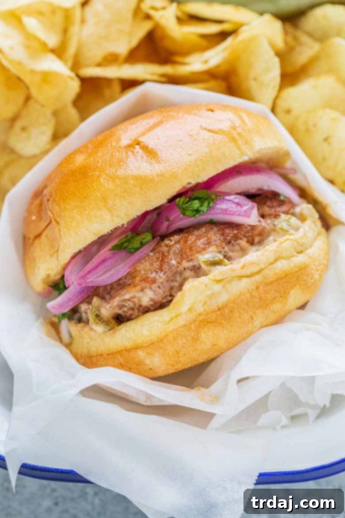 Chile Chorizo Burgers, perfectly grilled and stacked with toppings