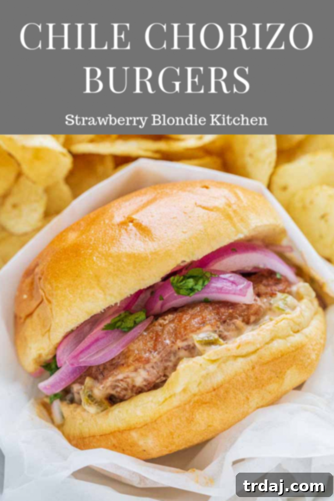 A stunning shot of a completed Chile Chorizo Burger, showcasing all layers and vibrant colors