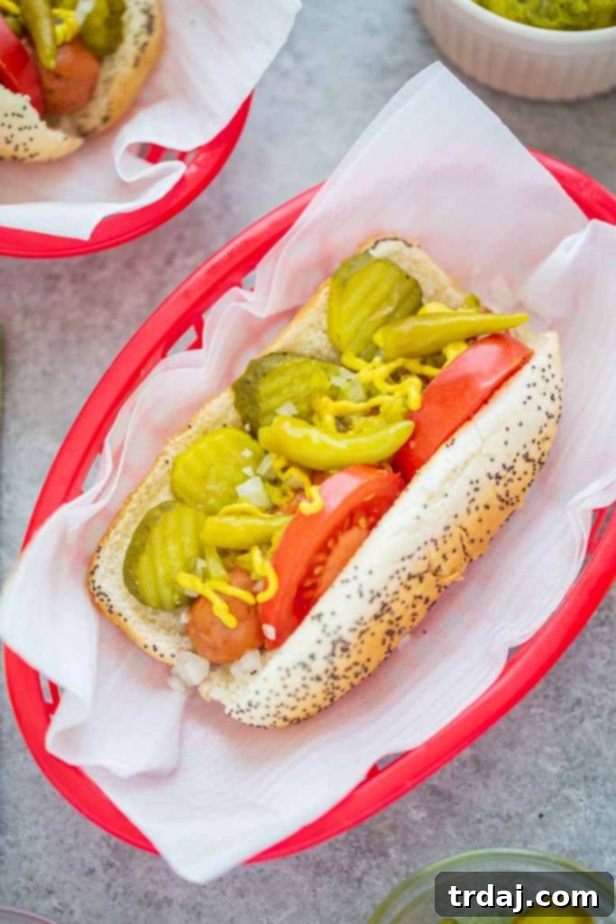 Beautifully assembled Chicago Style Hot Dog ready to eat