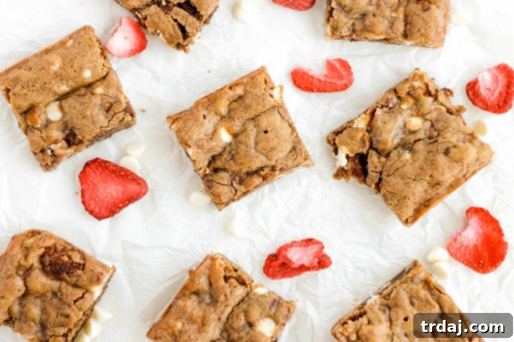 Close-up of baked Strawberry White Chocolate Blondies