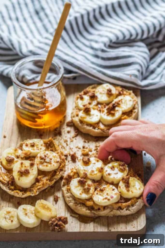 Peanut Butter Banana English Muffin - A quick and easy after-school snack Close-up of a Peanut Butter Banana English Muffin, highlighting the delicious toppings