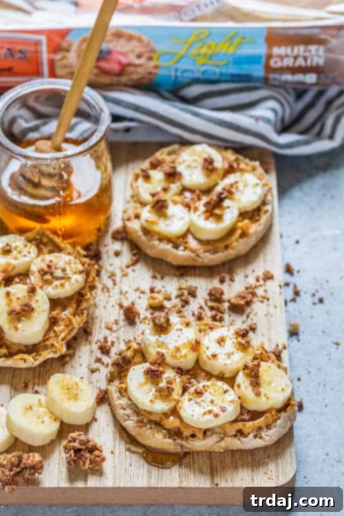 PB Banana English Muffins 3 Peanut Butter Banana English Muffins with honey and granola, showing simple ingredients for a healthy snack