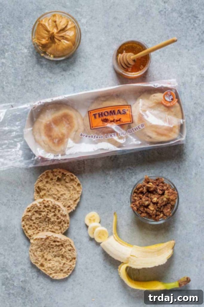 Grocery list for Peanut Butter Banana English Muffins recipe Ingredients laid out for Peanut Butter Banana English Muffins, including Thomas' muffins, peanut butter, banana, honey, and granola