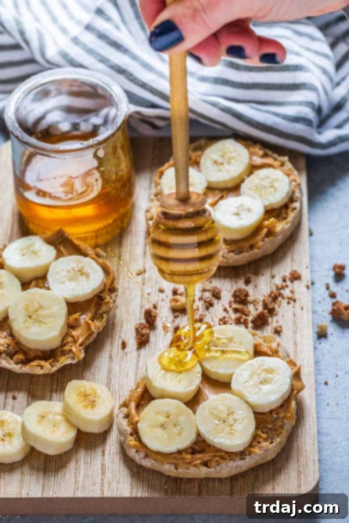 Steps to make Peanut Butter Banana English Muffins Step-by-step assembly of Peanut Butter Banana English Muffins, showing toppings being added