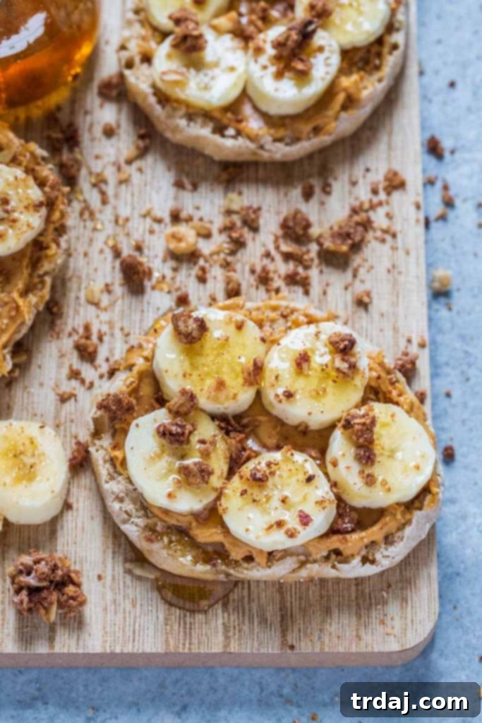 Peanut Butter Banana English Muffins are crunchy, delicious and the perfect afternoon snack! A final shot of the completed Peanut Butter Banana English Muffins, ready to be eaten