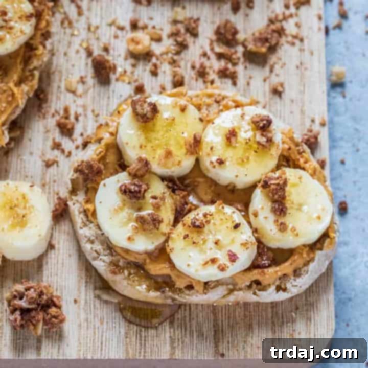 PB Banana English Muffins 4 Peanut Butter Banana English Muffins, a quick and healthy snack idea