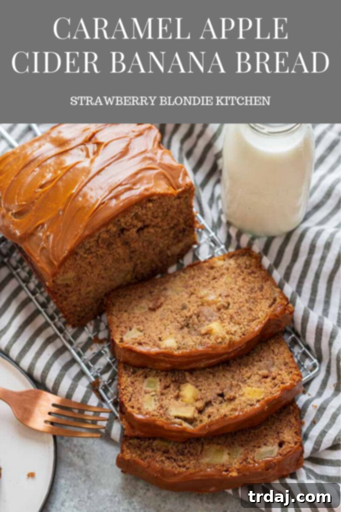 Overhead shot of a full loaf of Caramel Apple Cider Banana Bread with caramel drizzle.