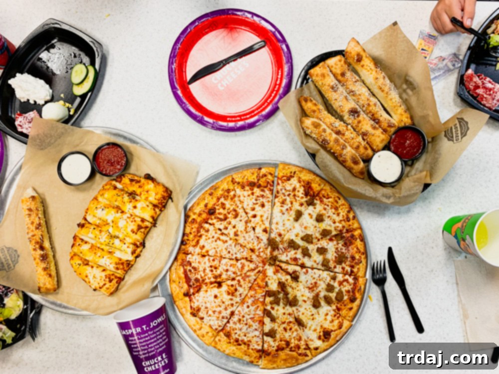 Chuck E. Cheese pizza, breadsticks, and fresh salad bar – a delicious family meal