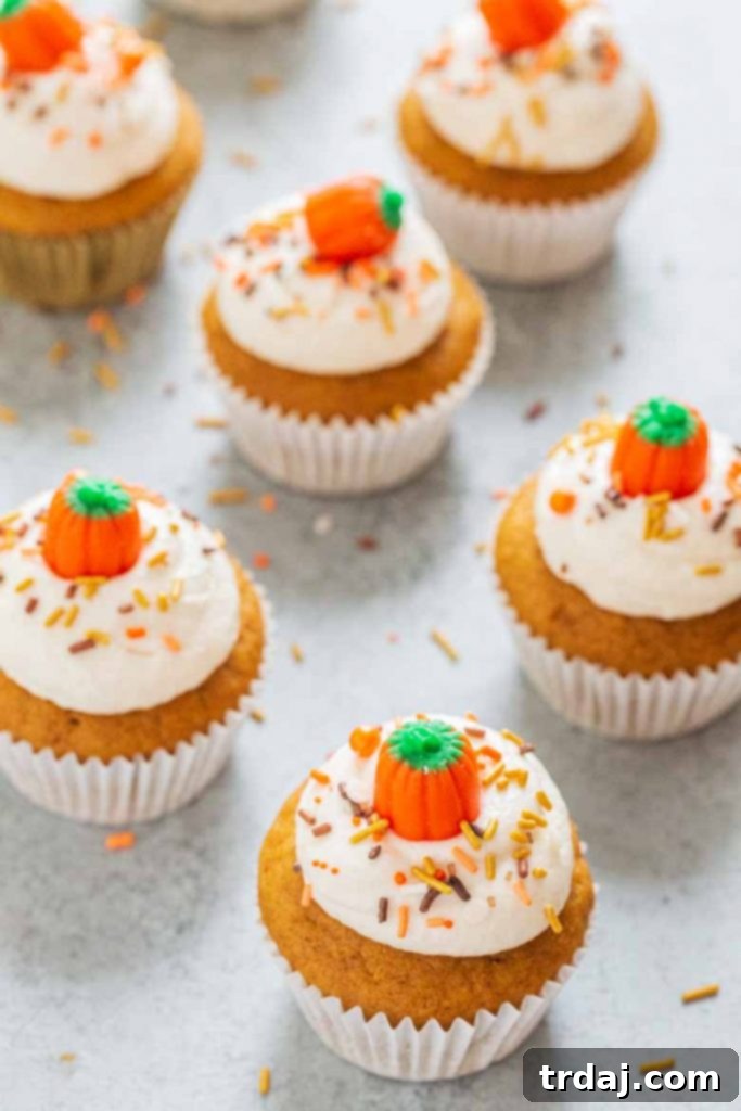 A side view of two pumpkin cupcakes, beautifully frosted and ready to serve.