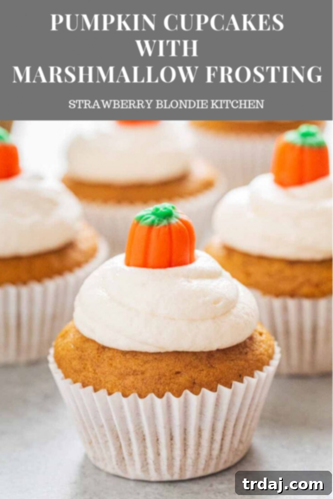 A collage of pumpkin cupcakes with marshmallow frosting, showcasing various angles and decorations.