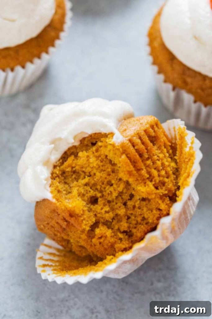 A close-up shot of a pumpkin cupcake with a bite taken out, revealing its soft, moist interior.