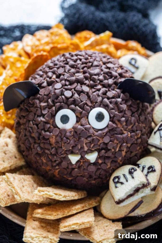 Death by Chocolate dessert cheese ball An adorable bat-shaped Death by Chocolate dessert cheese ball, decorated for Halloween, ready to be served.