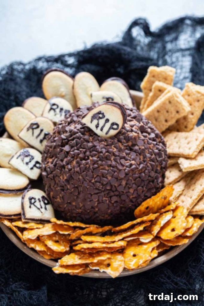 Death by Chocolate Dessert Cheese Ball A stunning close-up of the finished Death by Chocolate Dessert Cheese Ball, showcasing its rich texture and chocolate chip coating.