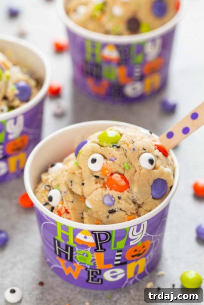 Monster Mash Halloween Edible Cookie Dough is egg free, packed with festive Halloween sprinkles and a spooky delicious way to enjoy dessert!