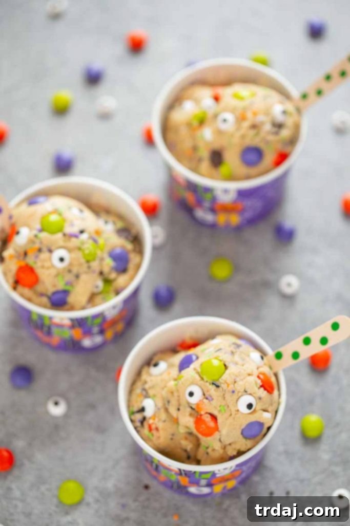 Monster Mash Halloween Edible Cookie Dough is egg free, packed with festive Halloween sprinkles and a spooky delicious way to enjoy dessert!