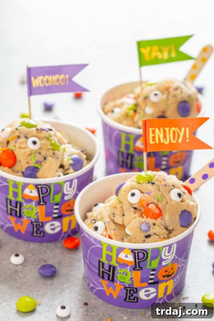 Monster Mash Halloween Edible Cookie Dough is egg free, packed with festive Halloween sprinkles and a spooky delicious way to enjoy dessert!