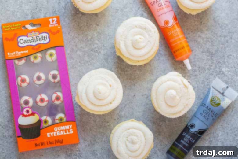 Treat Street Eyeballs with Wilton Sparkle Gel and vanilla cupcakes